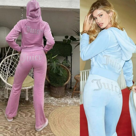 JUICY COUTURE BLING Velour TRACKSUIT Size L Pants + Hoodie 2 Piece Set Hot Pink - Picture 15 of 16